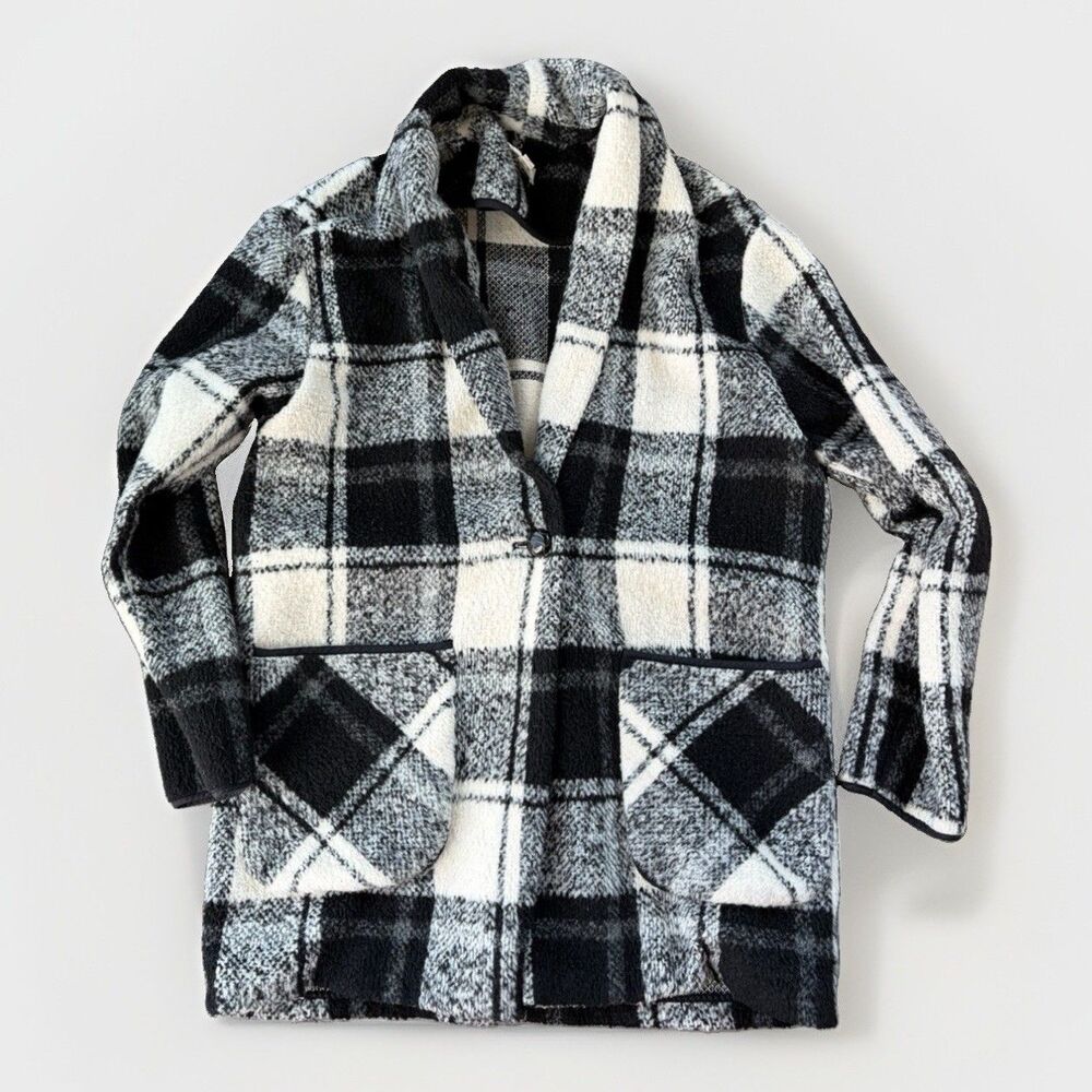 Everly Plaid Fleece Knit Jacket Coat Womens Size L Black White Shawl Pockets